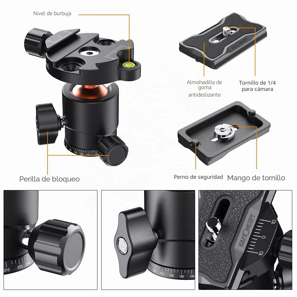 K&F CONCEPT BH-25 Cabeza de Bola de Trípode para Cámara con Placa de Liberación Rápida de 1/4'' y Nivel de Burbuja, Capacidad de Carga de 8 KG para Trípode, Monopié, Cámara