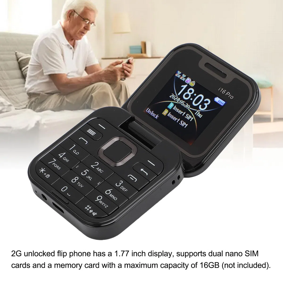 ASHATA Mini Teléfono Móvil Plegable 2G, Soporte Dual SIM, Radio FM, Bloqueo de Llamadas, Vibración, Marcación Rápida, 32 MB RAM
