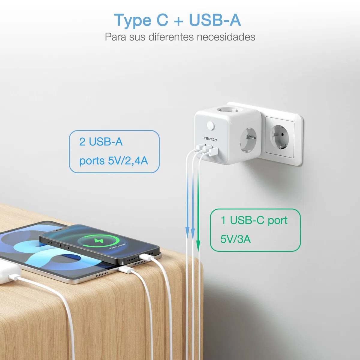 TESSAN Ladron Enchufes con USB C, 6 en 1 Cubo Cargador Ladrón Enchufes, Triple Multiple con 3 USB, Multiple Pared con Interruptor, Regleta Pared Compatible con Phone, Pad, Hogar Oficina