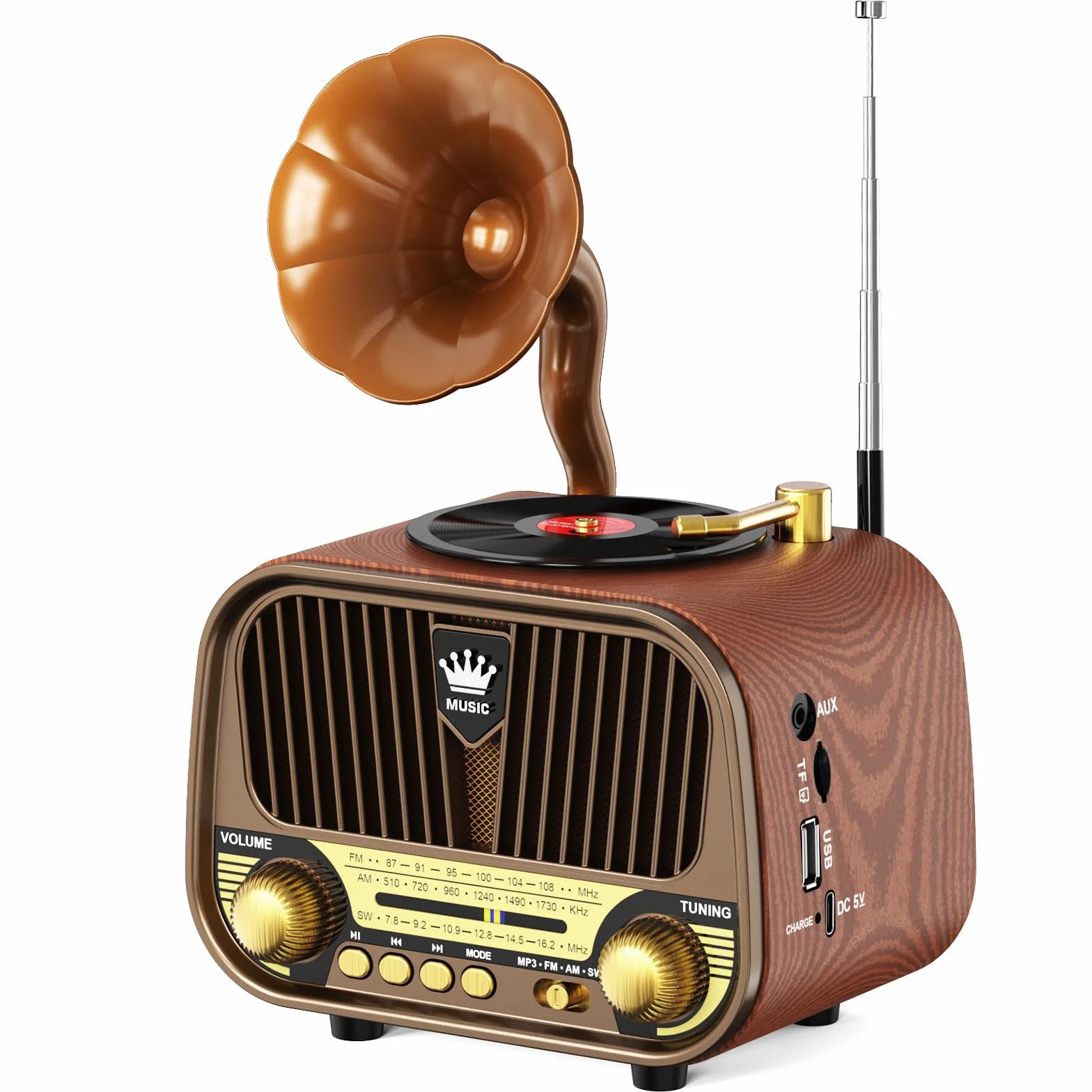 PRUNUS J-190 FM/Am/SW Radio Vintage Retro, Radio Portatil Pequeña Recargable de 1800mAh, Transistor Radios Excelente Recepción, Altavoz de 5W | Bluetooth 6.0 | USB/TF/AUX | Regalos Navidad