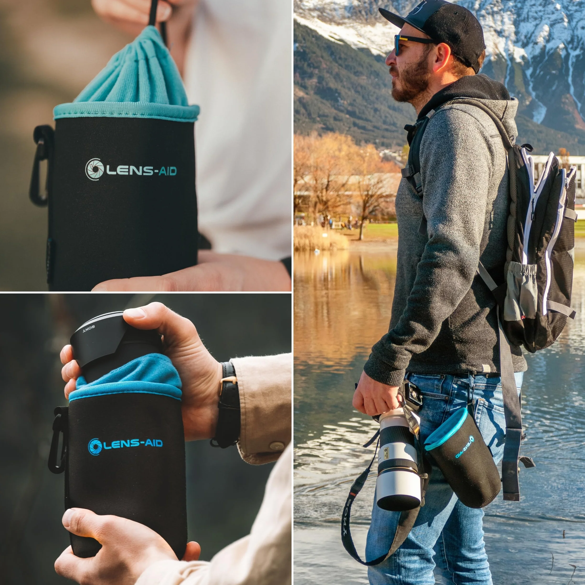 LENS-AID - Funda para Lentes de cámara de Neopreno con Forro Polar: Funda, Bolsillo para Proteger Lentes con cordón, Negro, Juego de 3 (XXS, XS,S), Moderno