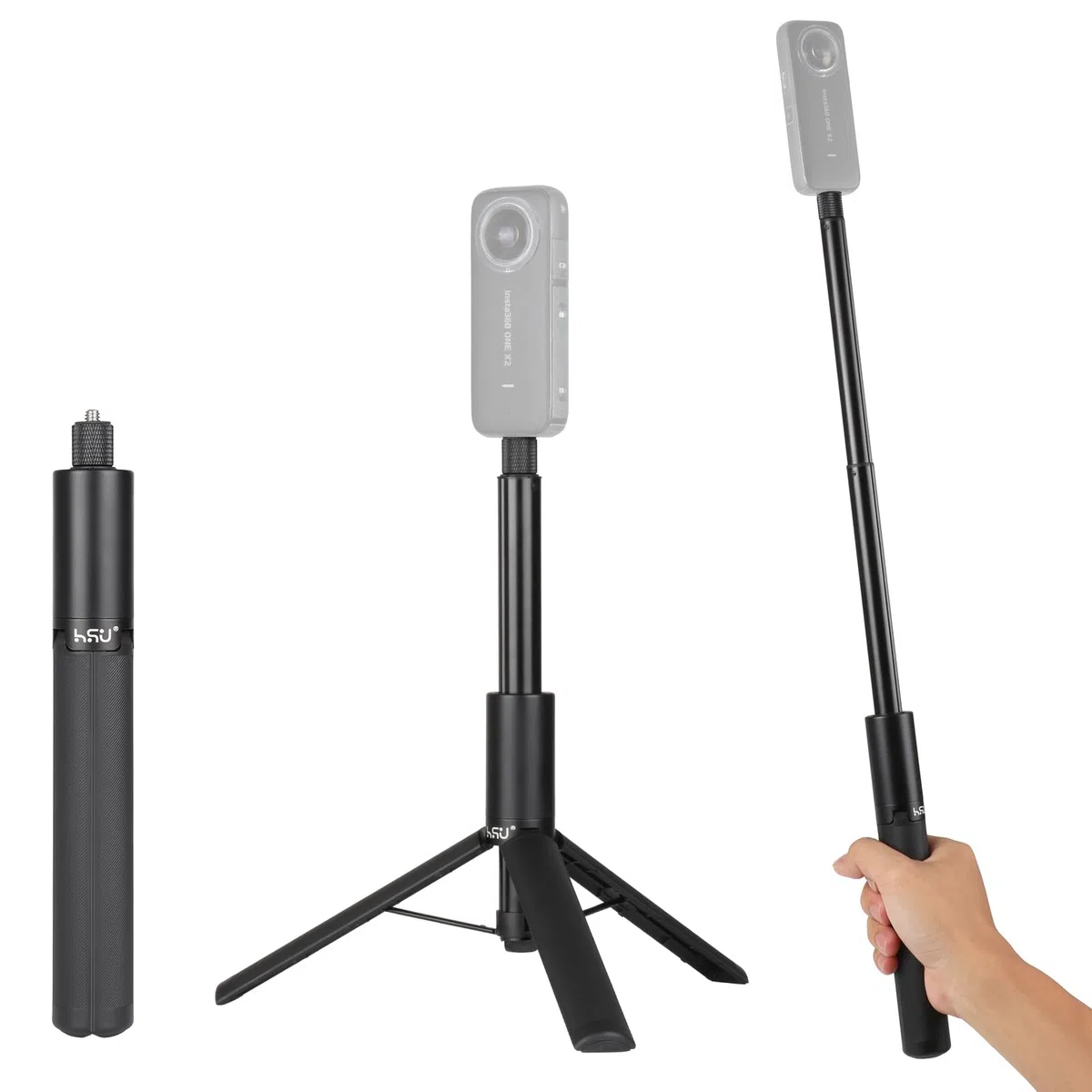 HSU Palo selfie invisible de 120 cm para Insta 360, palo invisible 2 en 1 + trípode para Insta 360 X5/X4/X3/ONE X2 Hero 13 Hero 12, negro