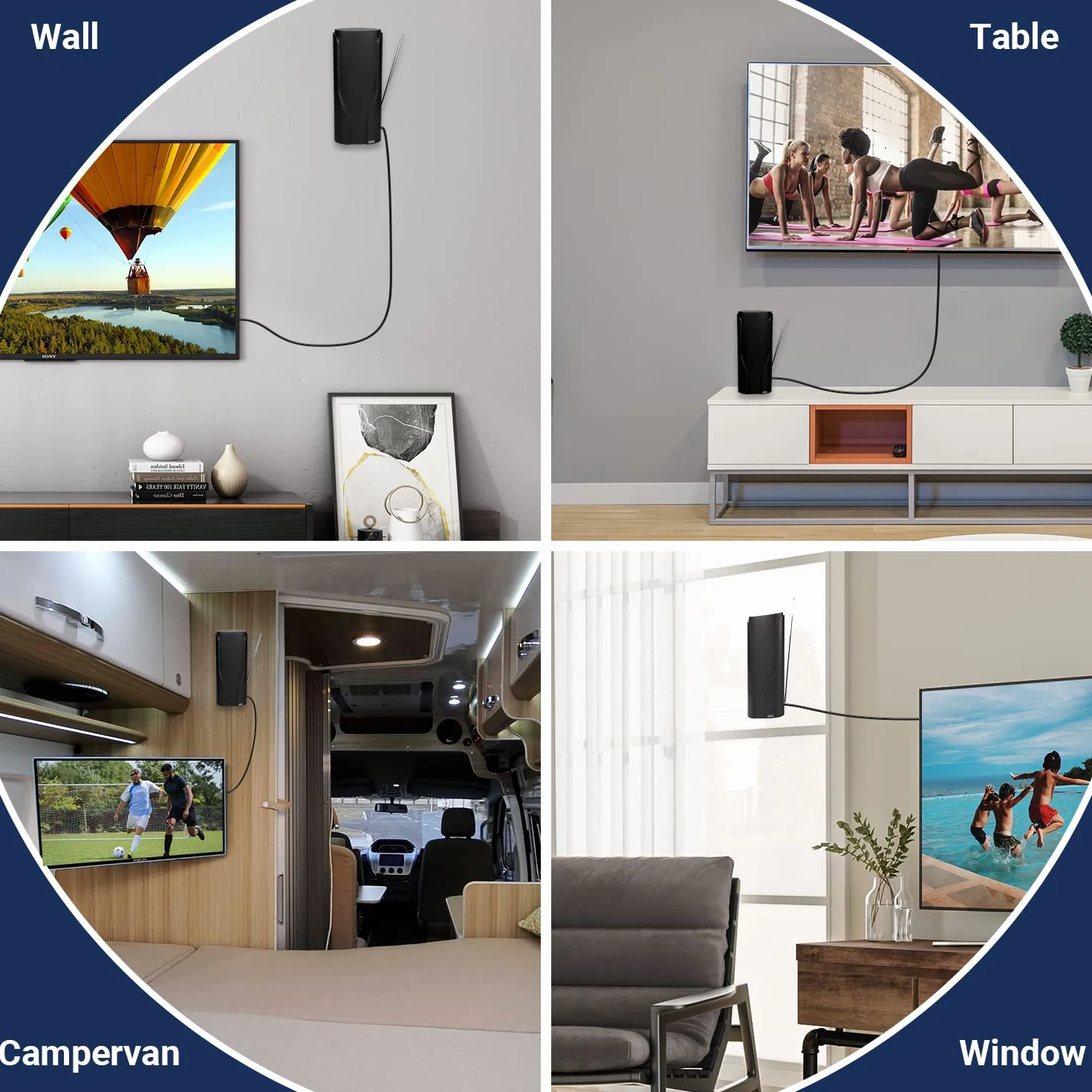 August DTA600 Antena TV Interior Potente TDT, Portatil 360 4K 1080p HD - España Portugal UHF VHF Digital DVB-T / T2 Autocaravana Furgoneta Caravana Camion Camper Omnidireccional 5 Metros - Negro