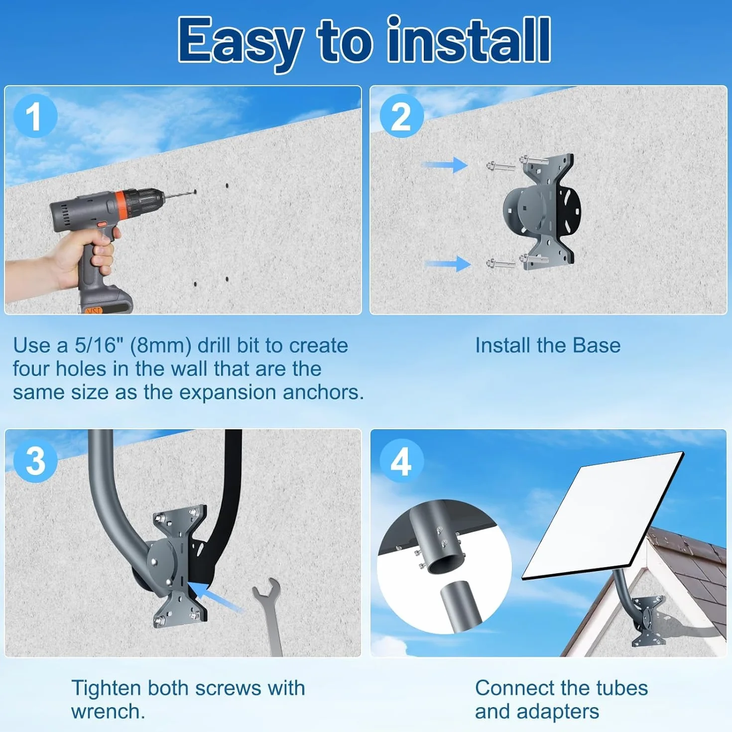 Starlink Gen 3 Mount, Kit de Montaje Ajustable, Compatible con Adaptador de Tubo Estándar Starlink Gen 3/V3, Soporte de Pared Largo para Kit de Internet Satélite