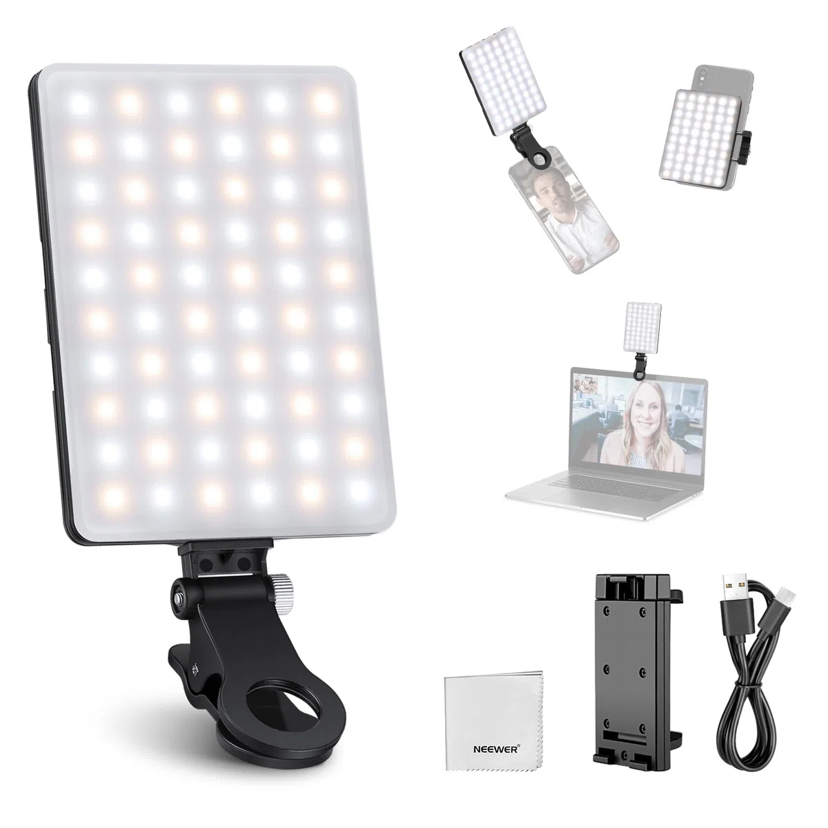 NEEWER BÁSICO Clip on Luz LED Selfies Compatible con iPhone, Recargable 2000mAh, con Soporte Teléfono Paño Limpieza, Luz Relleno para Webcam Laptop Zoom Videoconferencia Grabación Maquillaje, NL-60AI