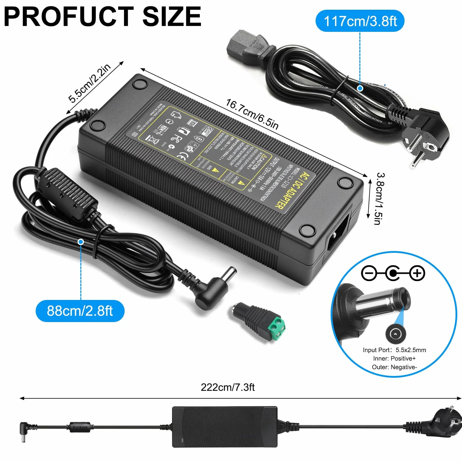 Adaptador de Alimentación AC/DC 12V 10A, Conversor de 100-240V AC a 12V DC con Conector de Corriente DC, Ideal para Tiras LED, Routers y Otros Dispositivos