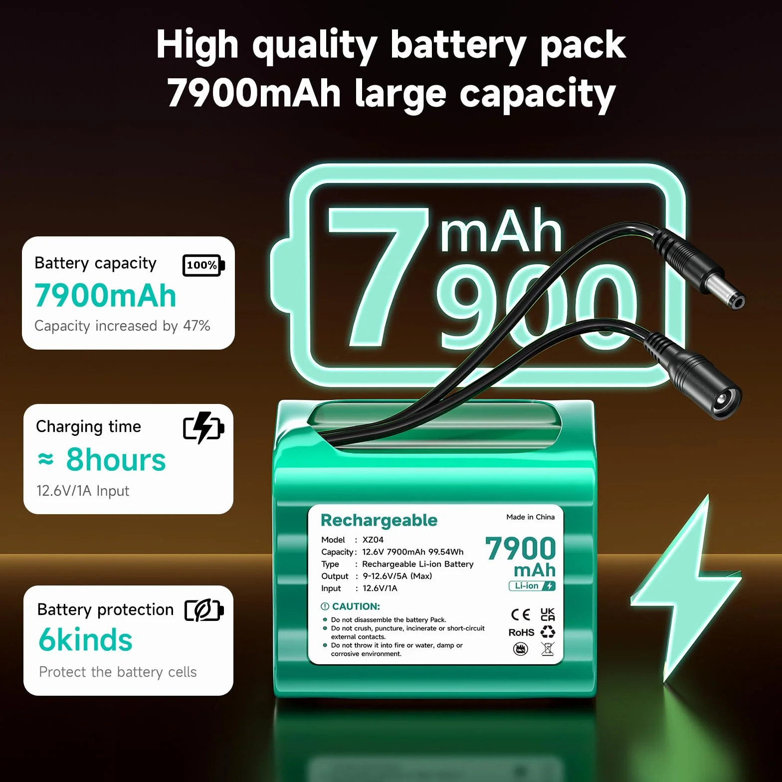 Batería 12V 7900mAh Dab Radio 12.6V Batería Litio con Adaptador de Cargador y Conector y línea de conexión, para Sonido, Faros Traseros, iluminación de Bicicletas, setpiano, Sonar, Sonar
