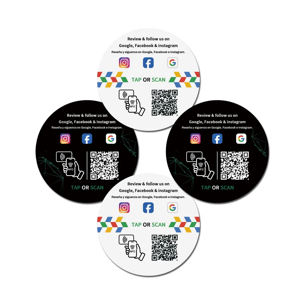 TapFive - Tarjetas redondas de Google Review Tap (2white2black) - Tap para reseñas instantáneas - Compatible con todos los teléfonos - Smart Tap reutilizable NFC y QR - Boost Business Reviews