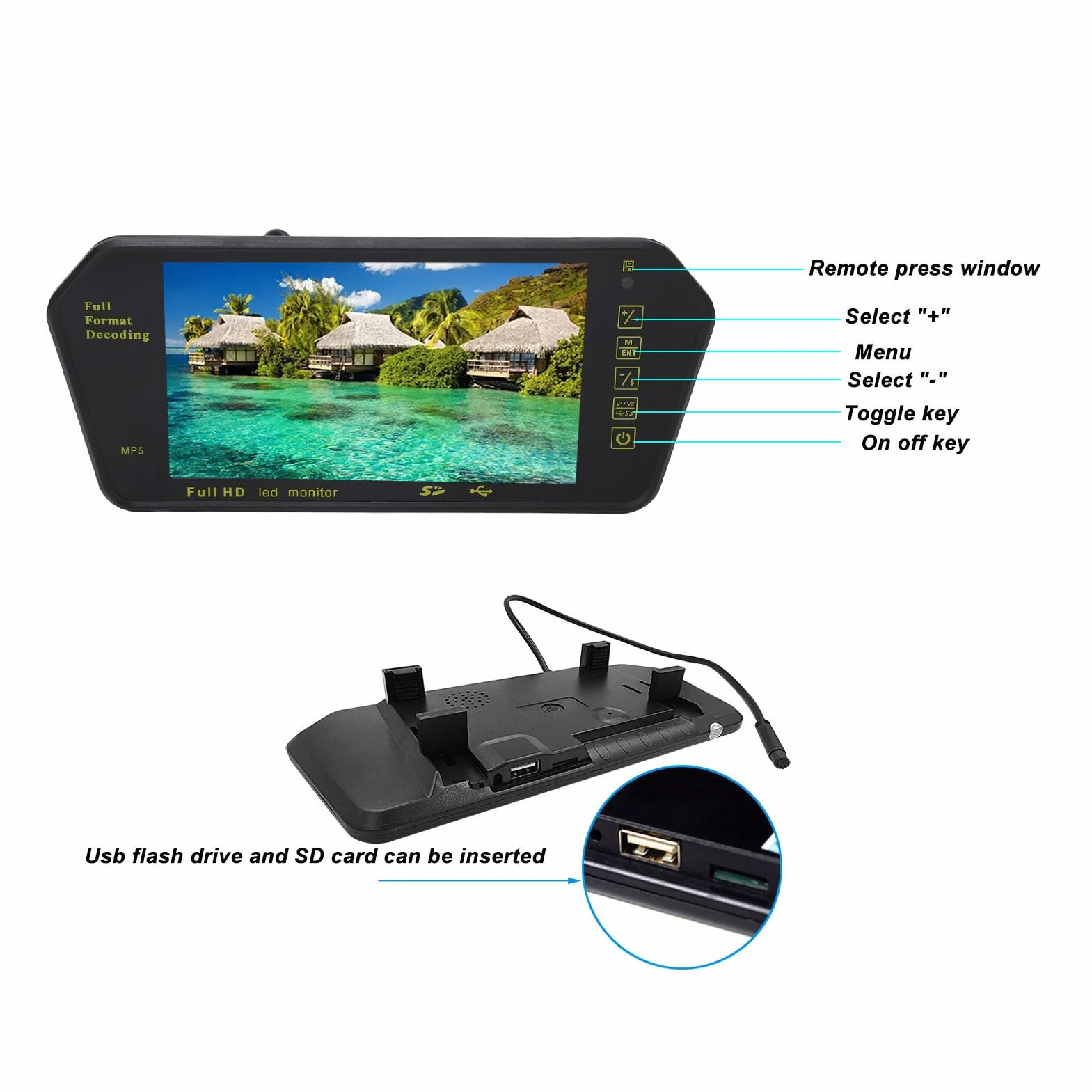 Monitor de Pantalla de Espejo Retrovisor, Pantalla de Espejo Retrovisor de 7 Pulgadas Cámara de Tablero Multimedia de Alta Resolución Cámara de Respaldo de Espejo Trasero con