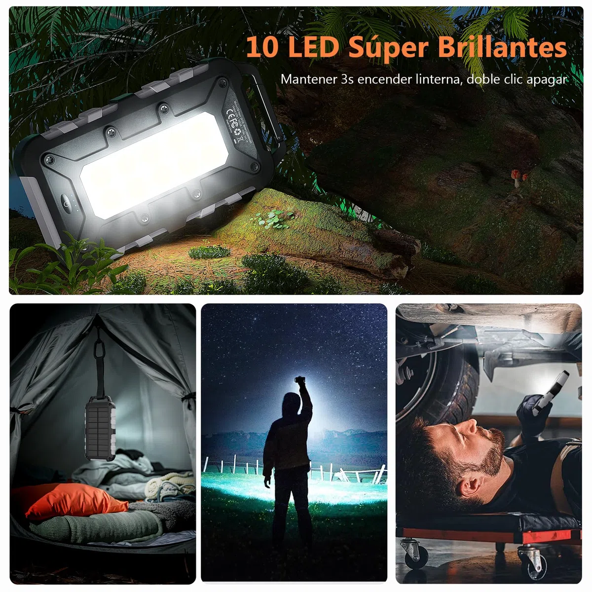 Cargador Solar 10000mAh, Power Bank Solar Batería Externa Portátil PD22.5W USB C Carga Rápida Impermeable 3 Salidas y 2 Entradas con Linterna LED para Moviles Tabletas Etc.