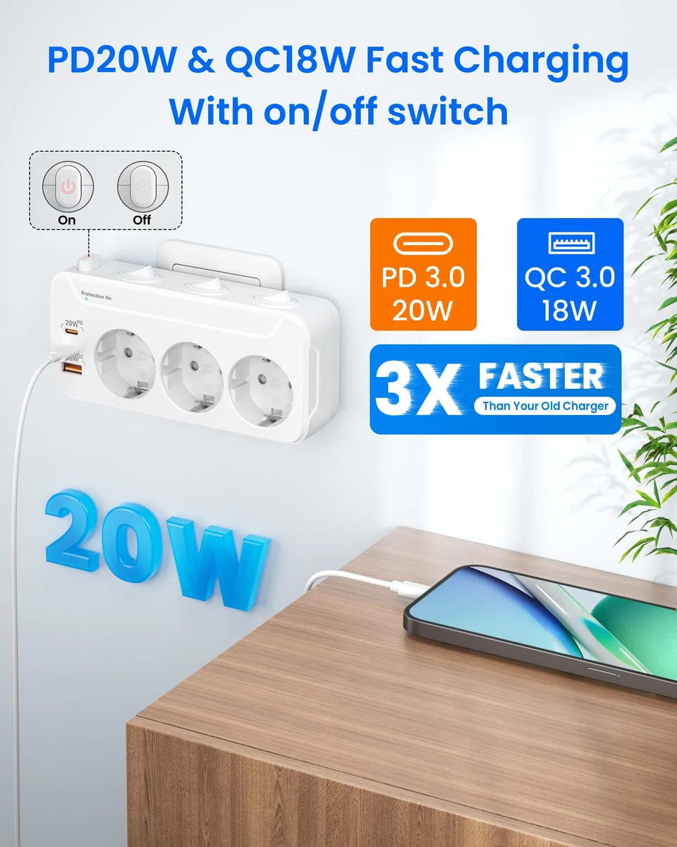 Ladron Enchufes USB C,Regletas Enchufes Pared Carga Rápida PD20W y QC18W,Enchufe Multiple 3 Tomas,Vertical Trifasico Enchufe con Interruptor,Adaptador Enchufe Triple Proteccion Sobretension,Blanco
