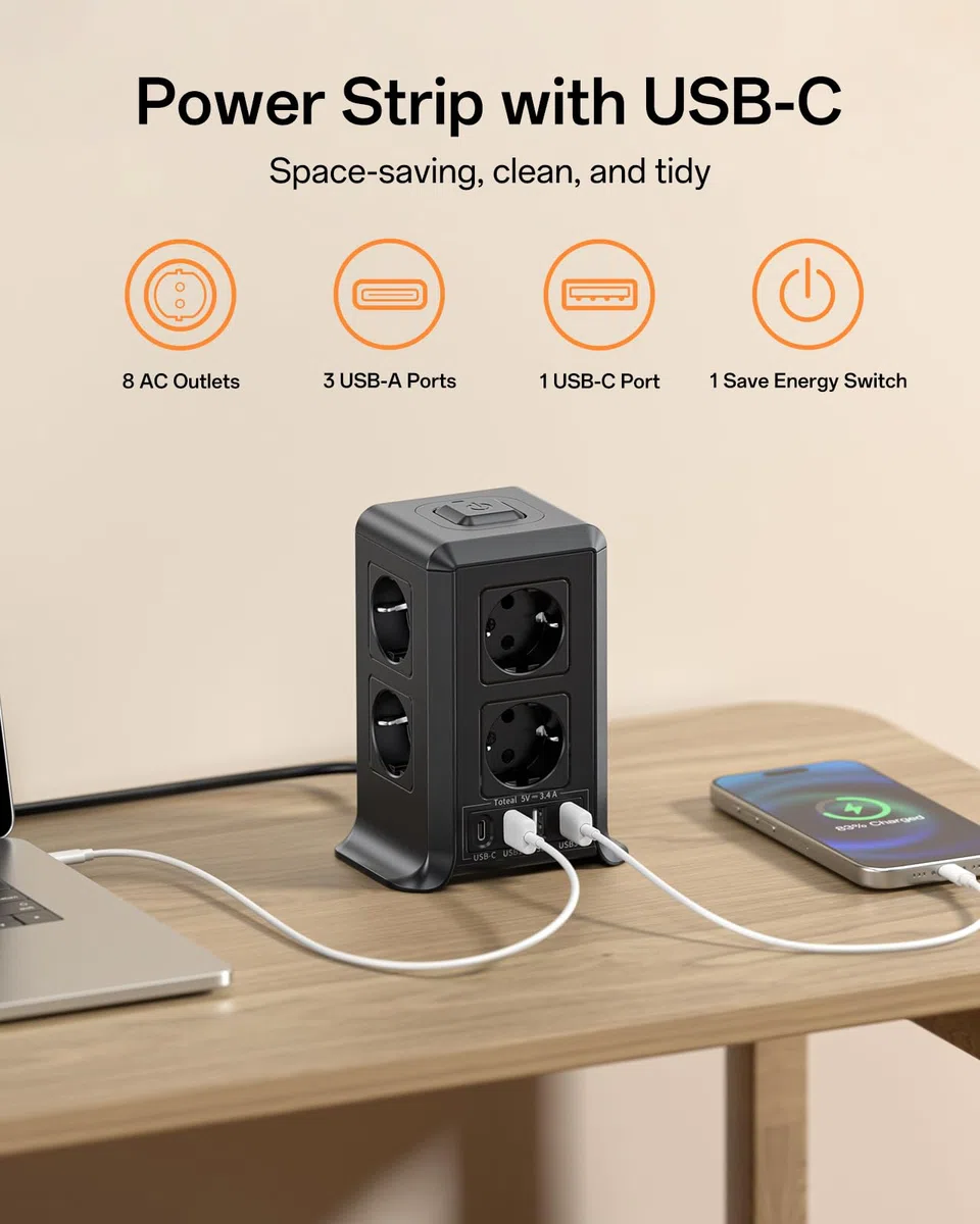 3M Torre Regletas Enchufes, Regleta Enchufes Proteccion Sobretension con Interruptor, con 8 Tomas de AC y 4 USB Regleta Vertical, Enchufe Multiple es Adecuado para Escritorios, Salones y Dormitorios