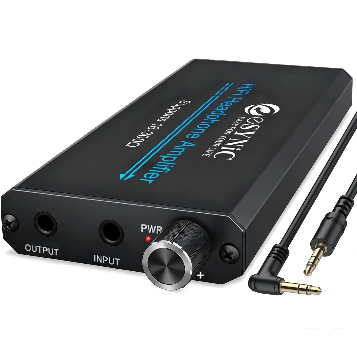 eSynic Amplificador de Auriculares Portátil HiFi 3.5mm Audio Jack Soporte 16-300Ωcon Interruptor de Ganancia de Dos Etapas Cable USB y Cascara de Aluminio para Teléfonos MP3 MP4
