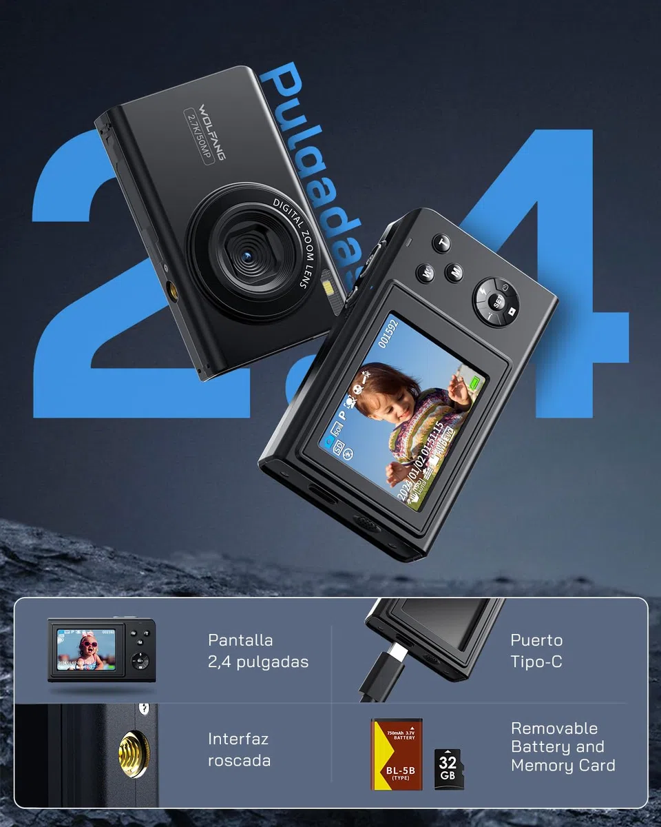 WOLFANG Cámara digital, cámara infantil de 2,7 K para fotografía, cámara compacta de vlogging de 50 MP, cámara de vídeo digital con zoom de 16 X, cámara digital de enfoque automático y disparo, regalo