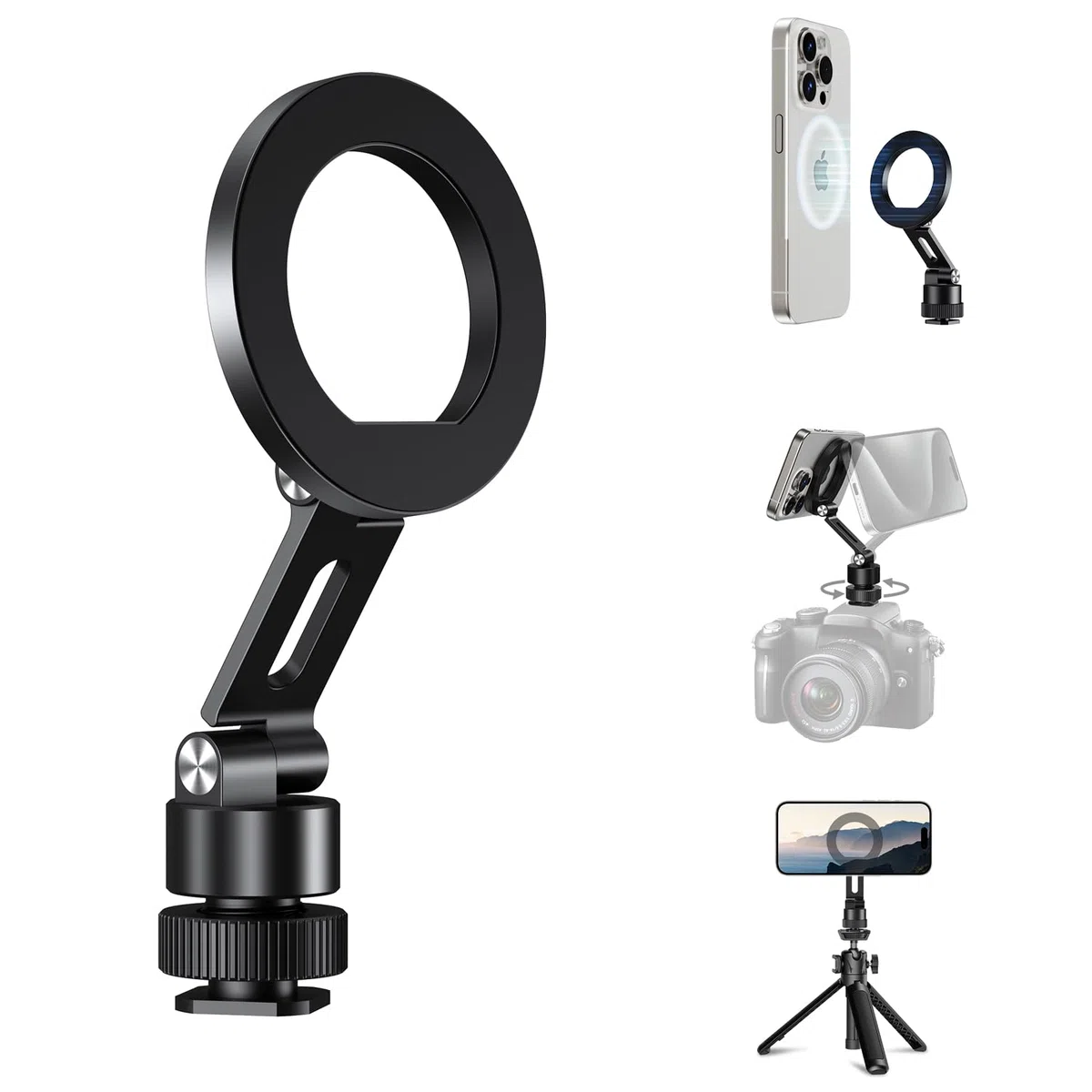 elitehood Soporte Móvil Trípode Magnético Adaptador- Base Giratoria 360°, Compatible MagSafe, Tornillo 1/4", Inclinación 180° para Cámaras/Trípodes/Luces Anulares