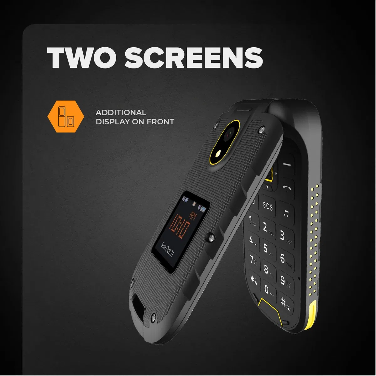 Flip Phone Hammer Dig LTE 4G Robusto Teléfono de Tapa, 2 Pantallas, simlock-Free, Dual SIM, sin Contrato, 1200 mAh, 4G/LTE, Resistente al Agua IP68