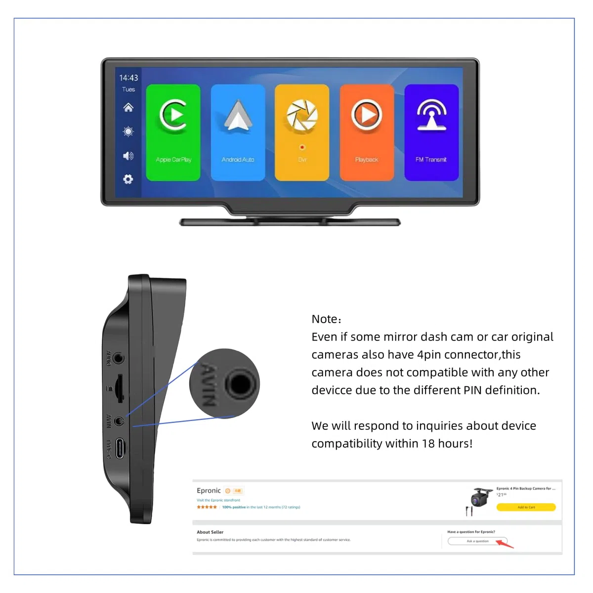 AHD 1080P 4 Pin Cámara de Visión Trasera del Coche para Carplay Portátil 2.5mm Cámara Marcha Atras para Carplay Tactile 6M Visión Nocturna Cámara de Respaldo Soporte de Imagen de Espejo