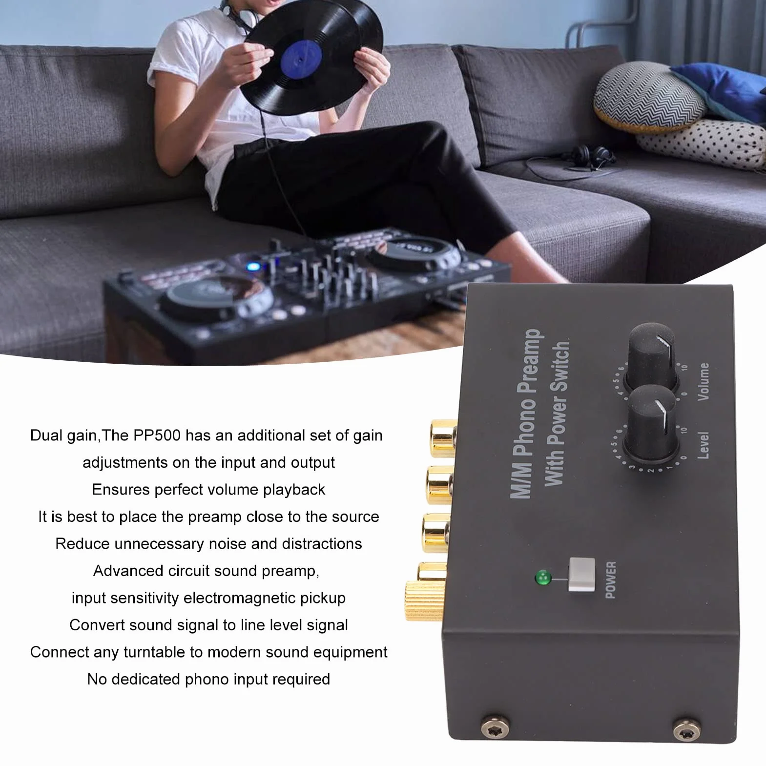 Preamplificador de Tocadiscos PP500P Phono, Mini Preamplificador de Fonógrafo Estéreo de Audio Electrónico de Doble Ganancia, Amplificador de Auriculares de Metal DC 12V
