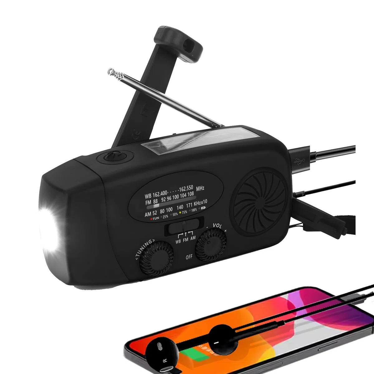 Radio Solar portátil con Am/FM/NOAA meteorológica Radio, Alarma SOS y Dinamo de manivela, Cargador de móvil USB, Linterna LED, para emergencias (Negro,batería Recargable de 2000 mAh)