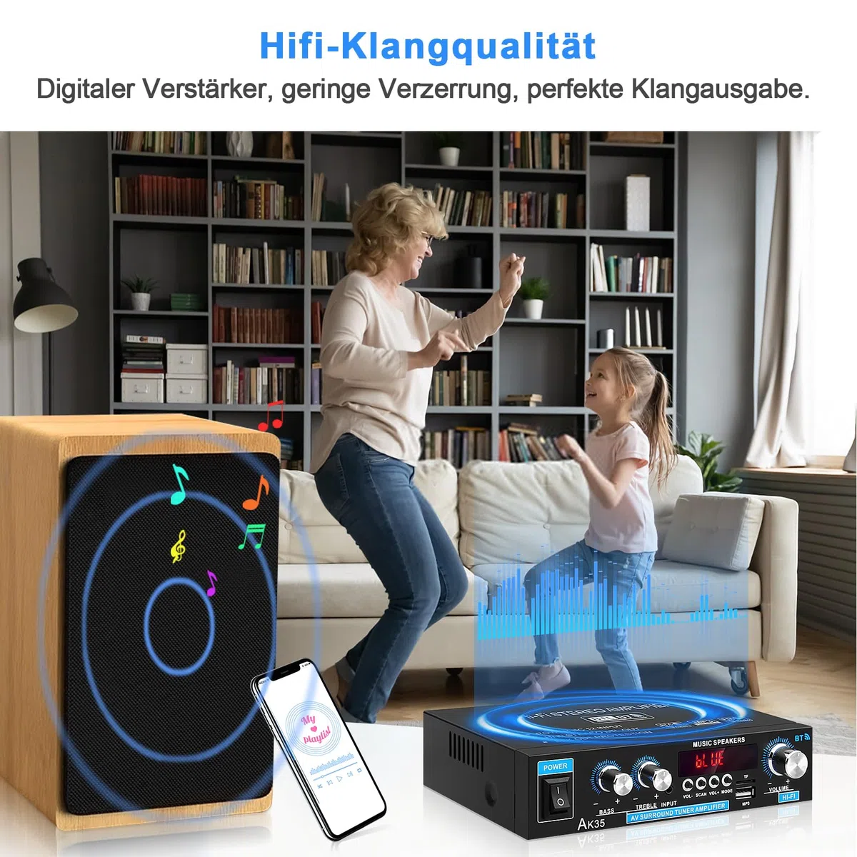 AK35 Amplificador Estéreo HiFi Bluetooth 5.0 Digital Mini Audio 300W 2.0 Canales con Bajo, Sintonizador Treble para Altavoz Home