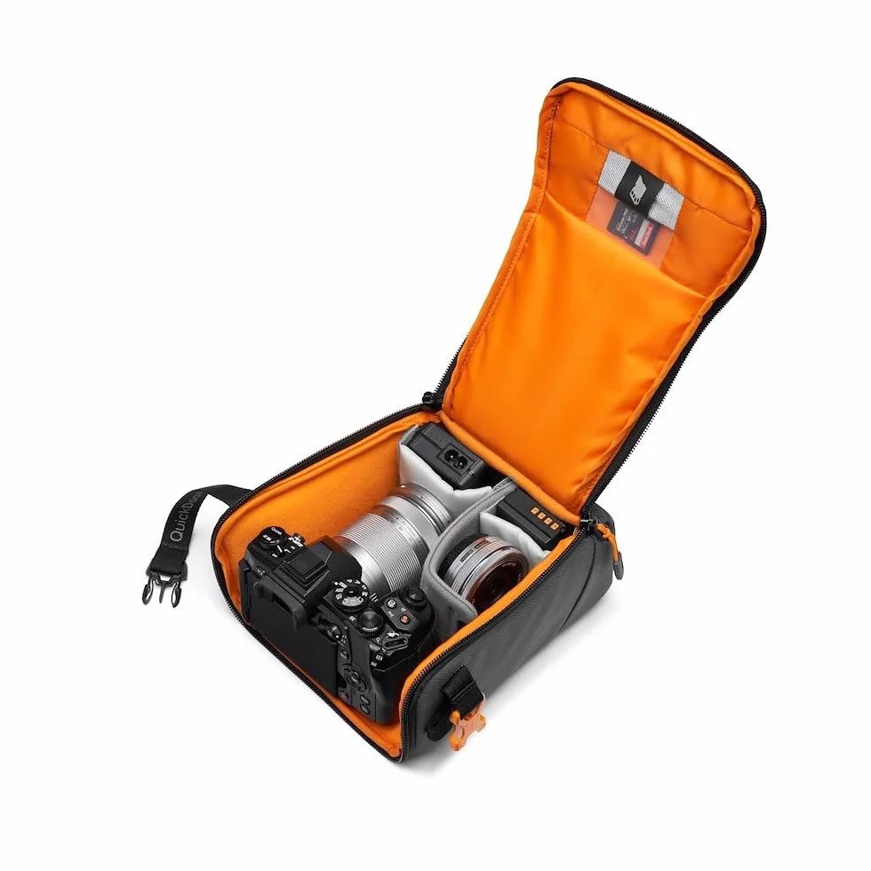 Lowepro GearUp Creator Box Medium II, Bolsa para Cámara sin Espejo y Réflex Digital, con Aacceso Rápido, Hecha de Telas Recicladas, Divisor Interior Acolchado de Color Naranja, Gris