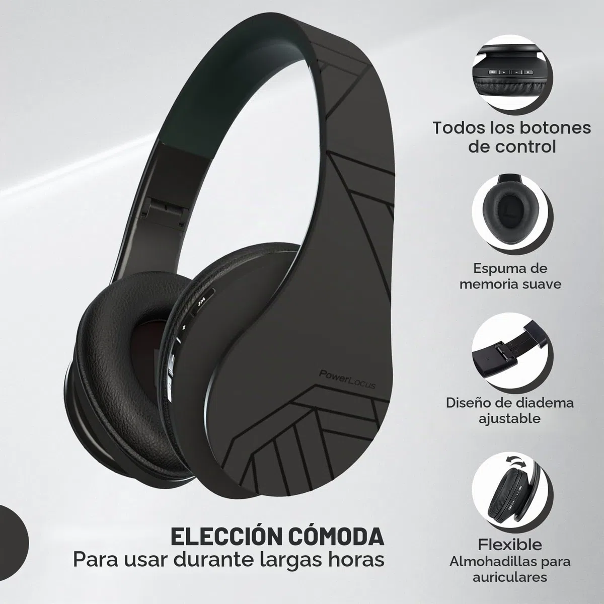 PowerLocus P2 - Auriculares Bluetooth inalambricos de Diadema Cascos Plegables, Casco Bluetooth con Sonido Estéreo Micro SD/TF, FM con micrófono y Audio Cable para Movil, PC, Tablet - Negro