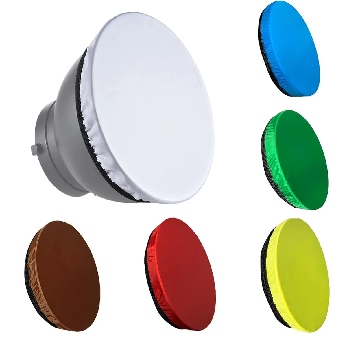 Paquete de 6 calcetines difusores de luz suaves con banda elástica para reflector estándar de 18 cm, rojo, amarillo, azul, marrón, verde, blanco para reflector de montaje Bowen estándar de