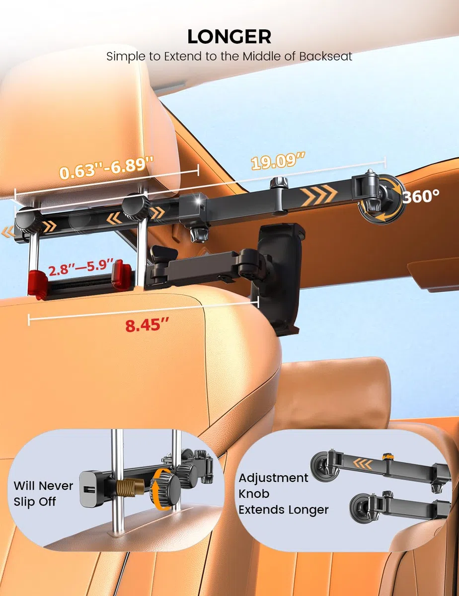 OHLPRO Soporte para tablet coche reposacabezas con fuerte magnético, brazo extensible de aluminio para coche, soporte para tableta, soporte universal de viaje para niños, soporte para iPad Sumsung