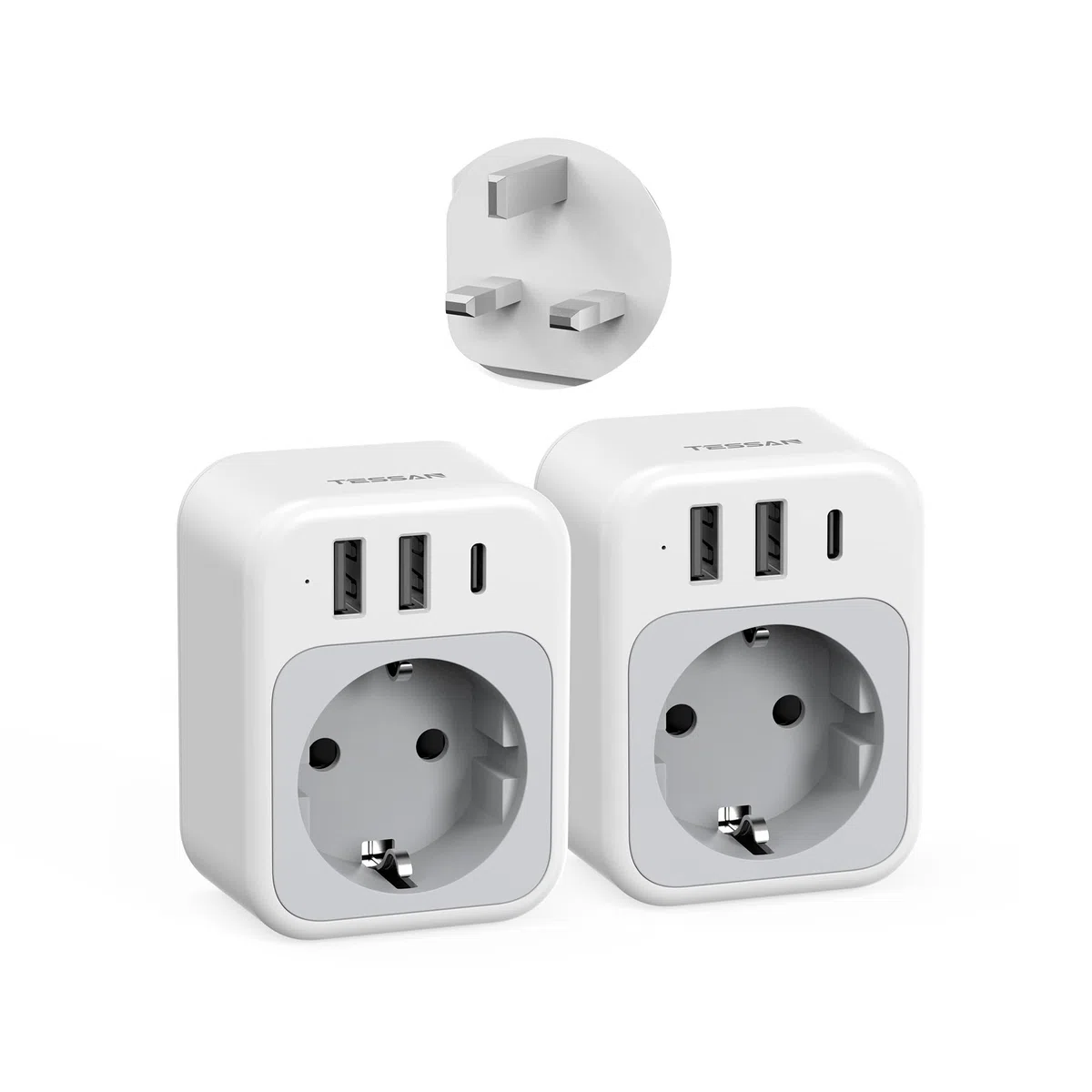 TESSAN Paquete de 2 Adaptador Enchufe UK, 4 en 1 Enchufe Tipo G con USB C y 2 USB A, Adaptador Ingles a Español 3250 W, Adapter Irlanda, EU to UK Plug Adapter para Irlanda Escocia