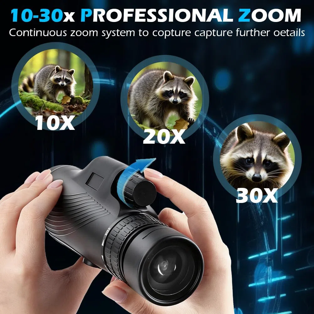 AOOWU Telescopio Monocular, 10-30X42 Zoom Óptico Monoculares de Largo Alcance con Teléfonos y Soporte para Teléfono, Impermeable HD con Prisma BAK4 FMC para Camping, Animales Salvajes de Aves y Viajes