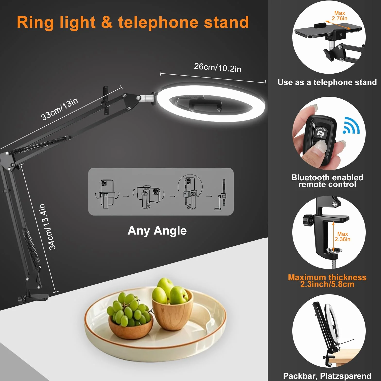 Aro de Luz con Tripode,Anillo de Luz para Selfie,Ring Light con Función Bluetooth,Anillo de Luzs Aro de Luzs con Brazo de Soporte Resistente y Soporte,para Fotografía Selfie,Youtube,Tiktok