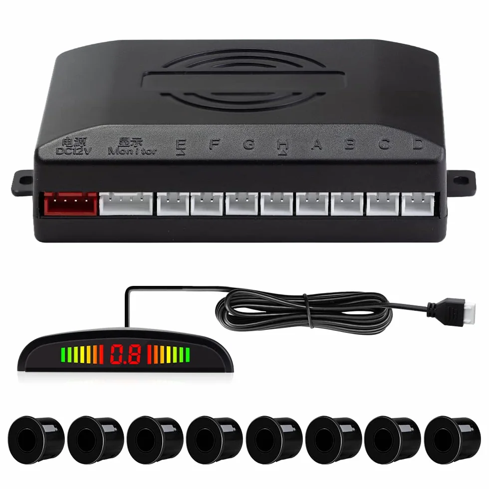 Sensores de Aparcamiento, 8 Sensores Delanteros y Traseros con Avisador Acústico de Distancia en Pantalla LED(8 Sensores, Negro)