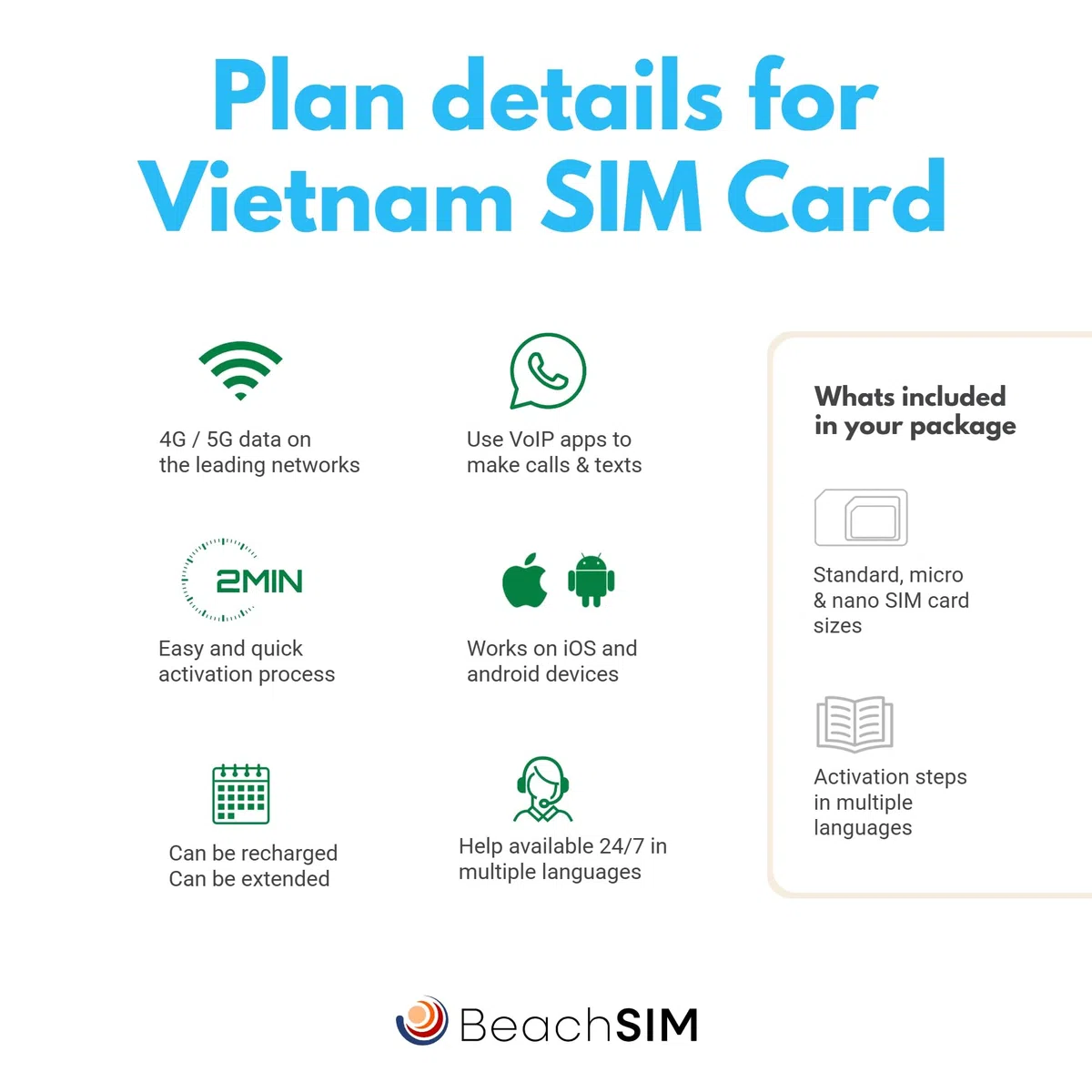 Tarjeta SIM Vietnam 30 dias. 12GB de Datos a velocidades 4G/5G. Tarjeta SIM sólo para Datos. Itinerancia Gratuita en Indonesia, Hong Kong, Macao, Sri Lanka y Singapur.