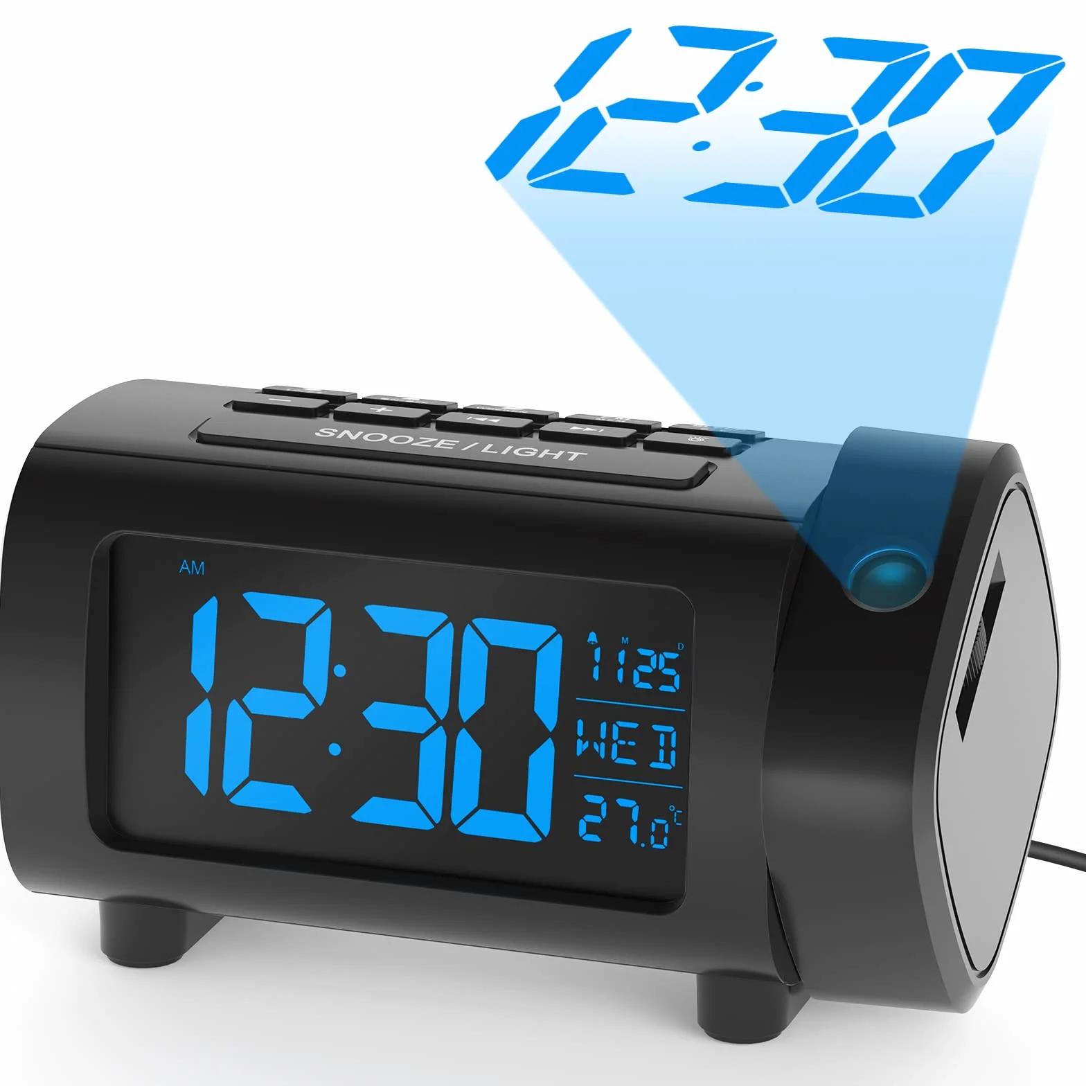 LIORQUE Radio Despertador Proyector, Reloj Despertador Digital con Gran VA Pantalla, Radio Reloj FM, C°/F°, 12/24 H, DST, 4 Niveles de Brillos, USB, Despertador Digital 180° con Función de Memoria