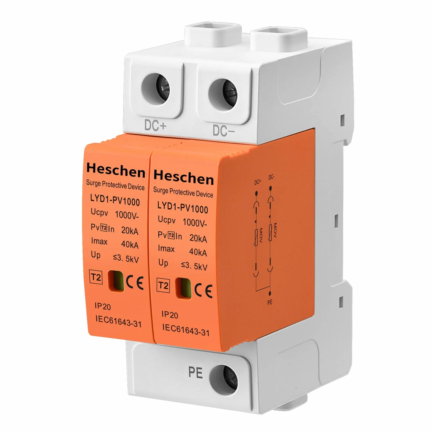Heschen 1 Piezas Protector de Sobretensiones PV 1000VDC 2P, Descargador de Sobretensiones Fotovoltaico SPD 20kA/40kA Tipo 2, Protección contra Rayos Carril DIN 35mm