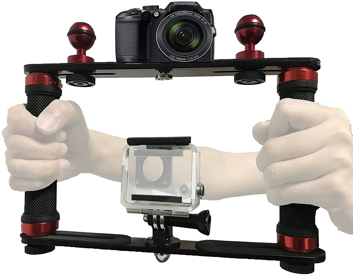 Soporte estabilizador de Mano subacuático de aleación de Aluminio, Bandeja de Soporte de luz de Buceo con Dos Asas de Bola de 1 Pulgada para cámara de acción y Cualquier Otra cámara con Agujero de