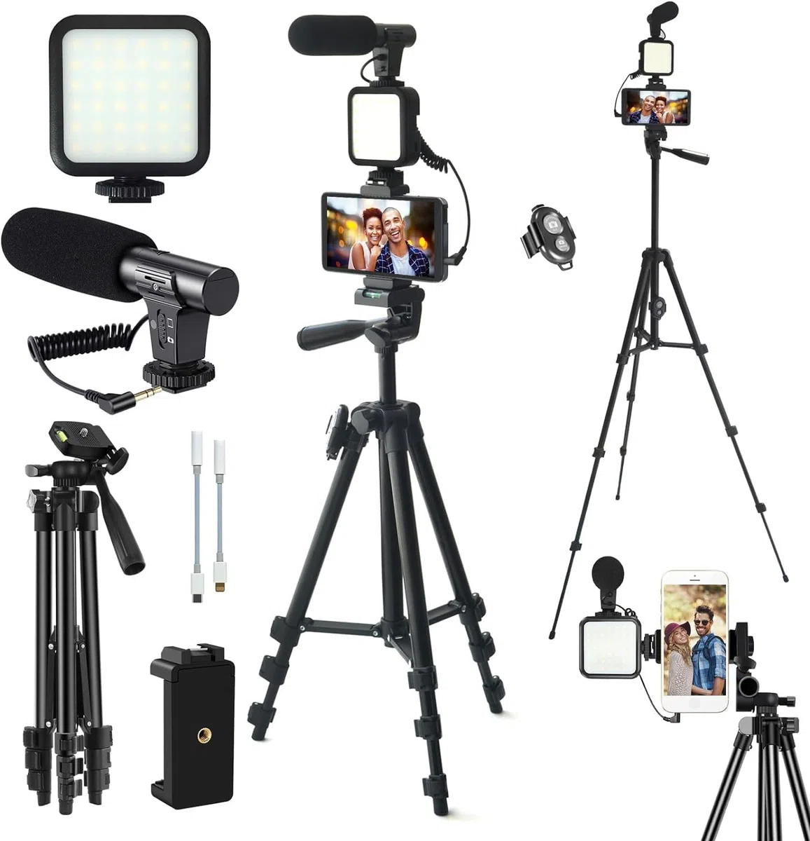 Kit de vlogging, Kit de Inicio de Youtube, Kit de vlogging para iPhone/Androidphone/cámaras, Soporte de teléfono para grabación de Video con trípode Extensible/micrófono/luz de Relleno/Control Remoto