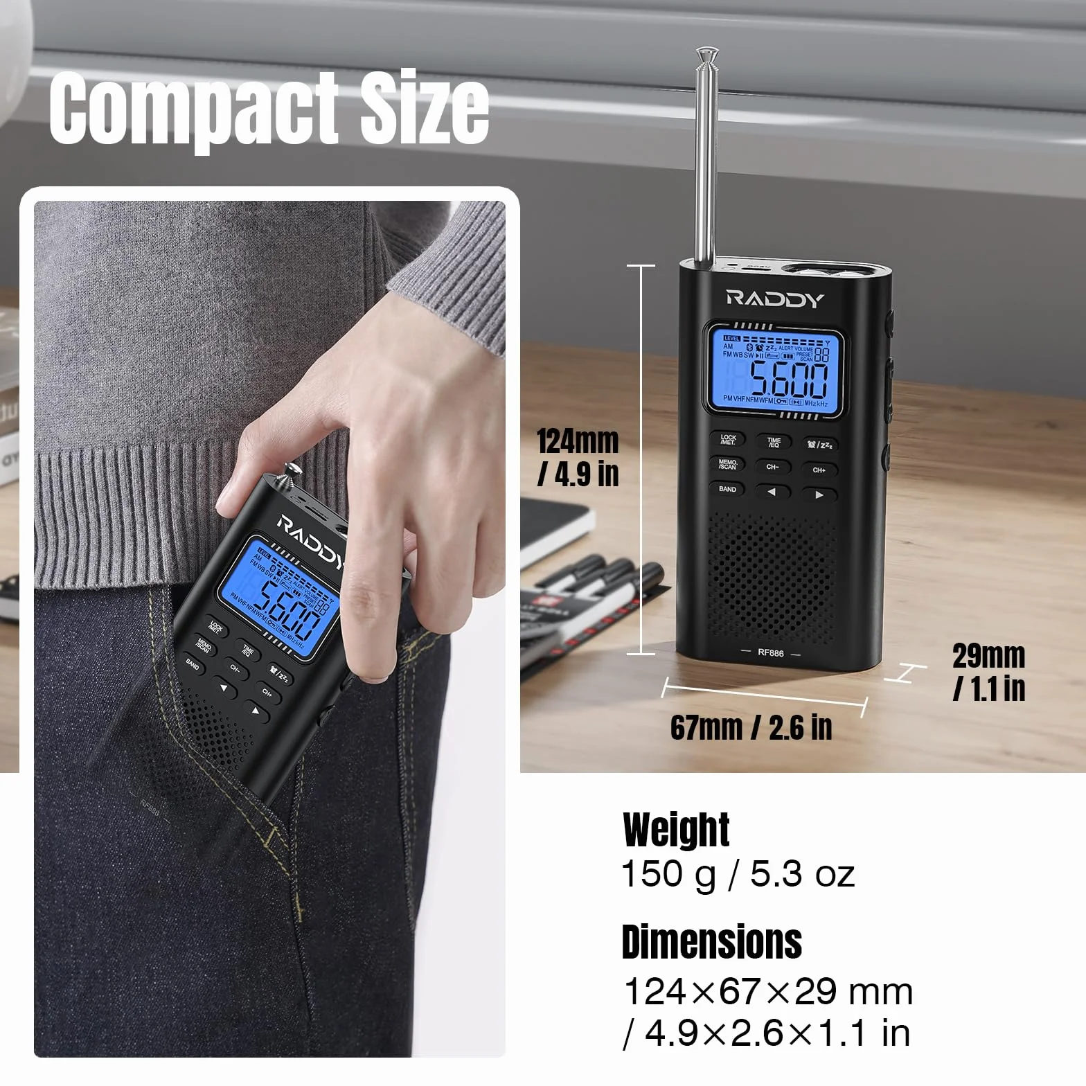 Raddy RF886 Radio Portátil de Onda Corta Pequeña Radio Am/FM/SW/UKW Radio Digital, Radio con Batería y Altavoz BT, 3 M Antena Externa