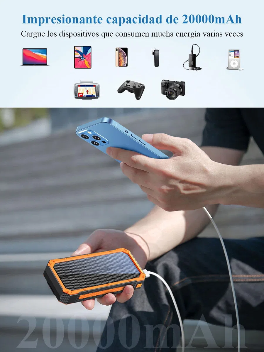 Cargador Solar 20000mAh PD20W Batería Externa Solar Power Bank Cargador Portátil USB C Carga Rápida Compatible con Teléfono Tableta
