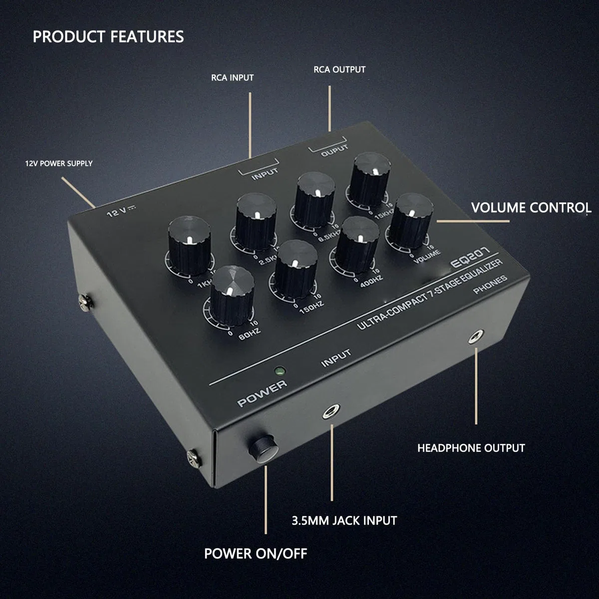 Ecualizador de Sonido de 7 Bandas, Ecualizador Mezclador de Audio de 2 Canales Ecualizadores Digitales con Conector para Auriculares de Entrada de 3,5 Mm para Ajuste de Agudos y (Enchufe de