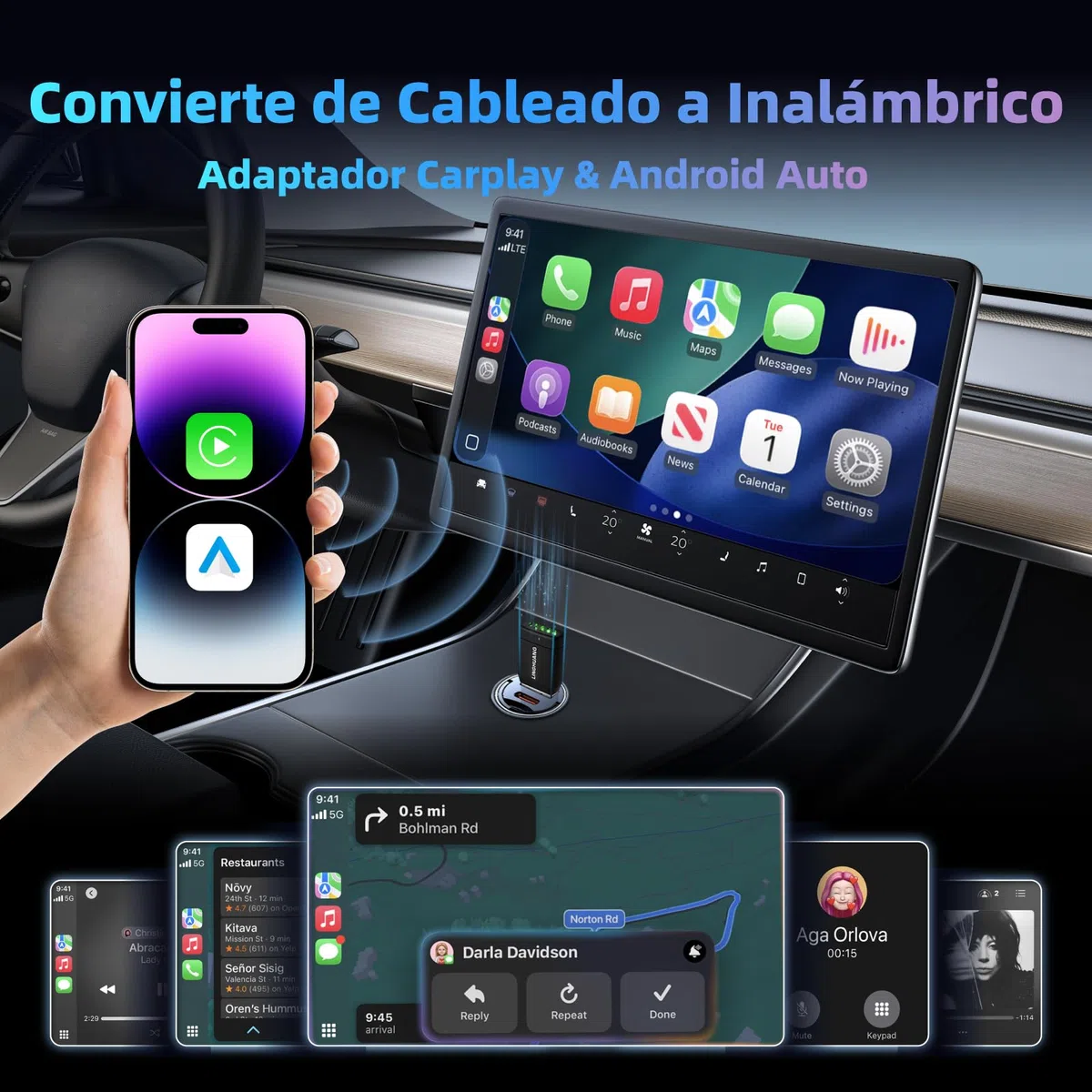 LINGHUANG Adaptador Carplay Inalambrico & Mini Adaptador Android Auto Inalambrico, Convierte de Cableado a Inalámbrico, Plug & Play, Conexión Rápida y Estable, Compatible con iOS 10+ & Android 11+