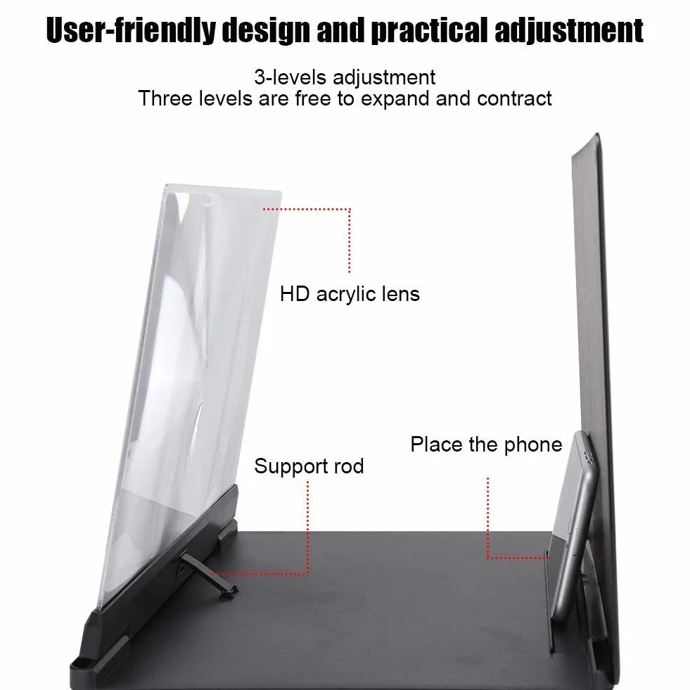 Topiky Lupa de proyección de Pantalla de teléfono de 14 Pulgadas, portátil 3D Video HD Proyector de Pantalla Universal para teléfono Inteligente Amplificador ampliado Amplificador Soporte(Negro)