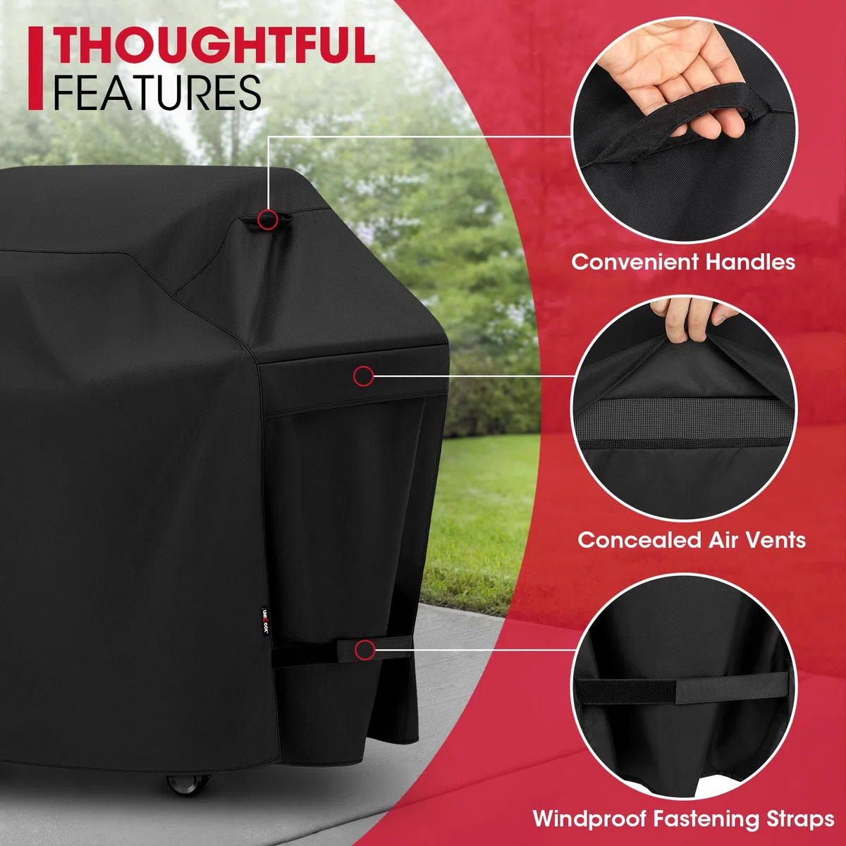Unicook - Cubierta de parrilla de gas para barbacoa resistente al agua, cubierta para barbacoa de 140 cm, material especial resistente a la decoloración y a los rayos UV, duradero y cómodo, se adapta a las parrillas Weber Char-Broil Nexgrill Brinkmann y o