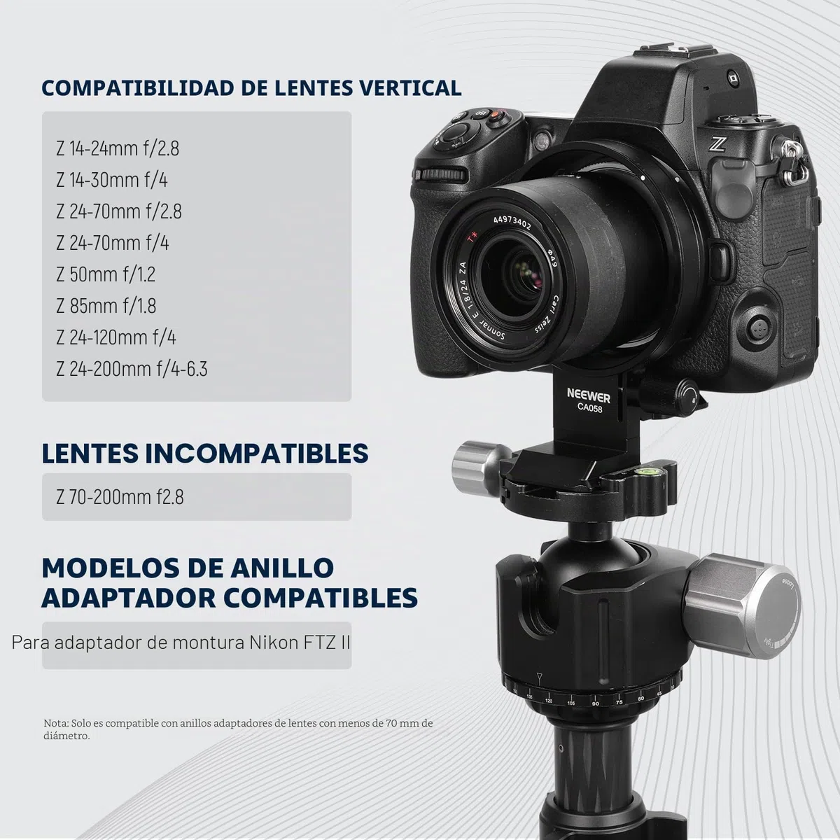Neewer Placa giratoria de montaje de collar para adaptador FTZ Z8 Z7 II Z6 II Z5, soporte de lente de trípode de cámara horizontal rápidaCompatible con DJIRS3/2 y sistema de acoplamiento Arcasn,CA058