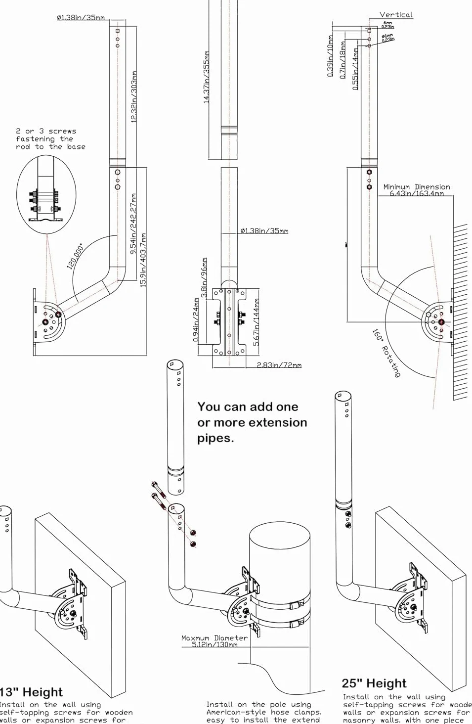 Soporte universal ajustable para antena de TV, poste de hierro pintado (1,38 x 24 pulgadas) – Montaje en pared, alero o techo, soporte pivote resistente con hardware incluido, negro