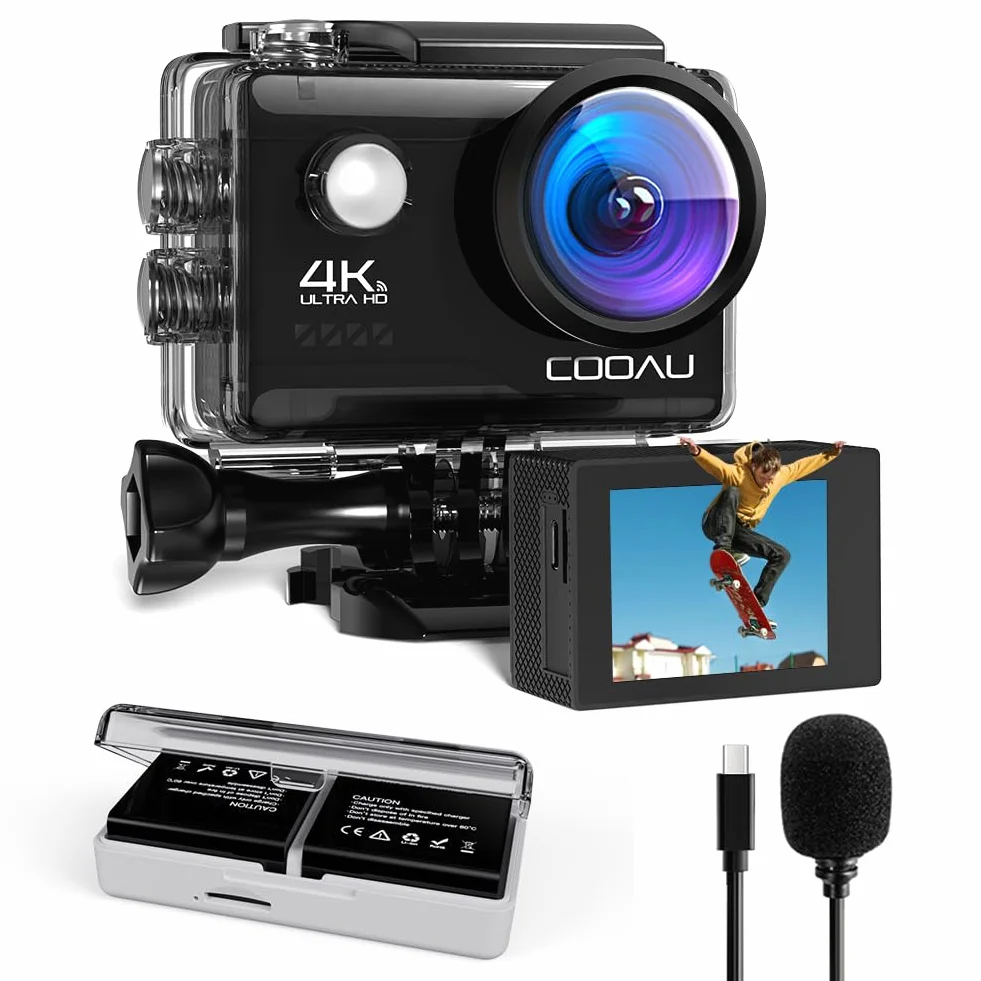 COOAU Camara Deportiva 4K30FPS 20MP WiFi con Micrófono Externo, Gran Angular 170 °, Camara Acuatica Sumergible 40M Impermeable Videocámara de Casco con Control Remoto, 2×1200mAh Baterías, Accesorios