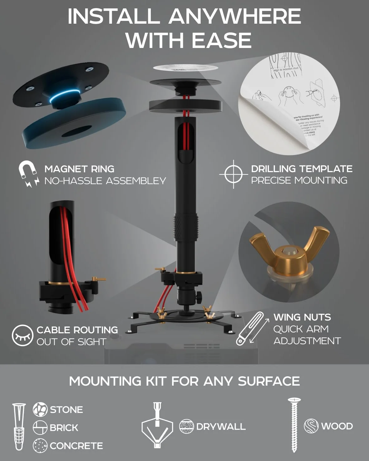 Soporte universal para proyector PropVue: soporte de pared o techo ajustable para miniproyectores de oficina y domésticos: movimiento completo, fácil instalación, giro de 360°, longitud de 35 a 53 cm