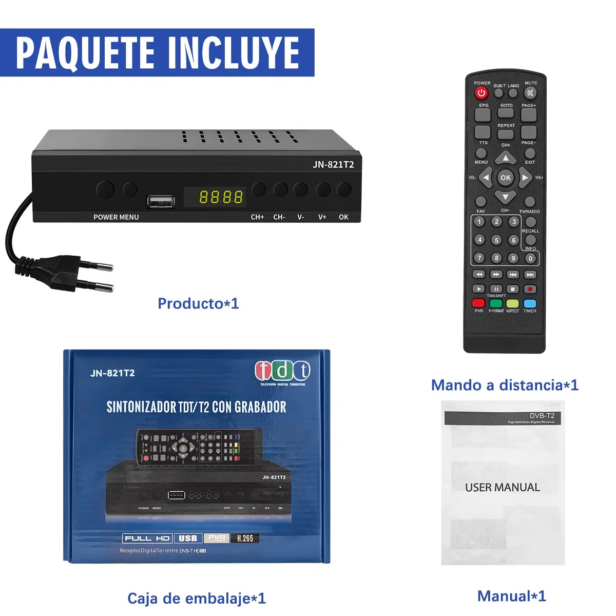 2026 Decodificador TDT HD - DVB-T T2 H.265 Full HD PVR, USB, HDMI, SCART,Sintonizador de televisión Digital Terrestre, decodificador terrestre, Receptor Digital de Alta definición Full HD 1080p