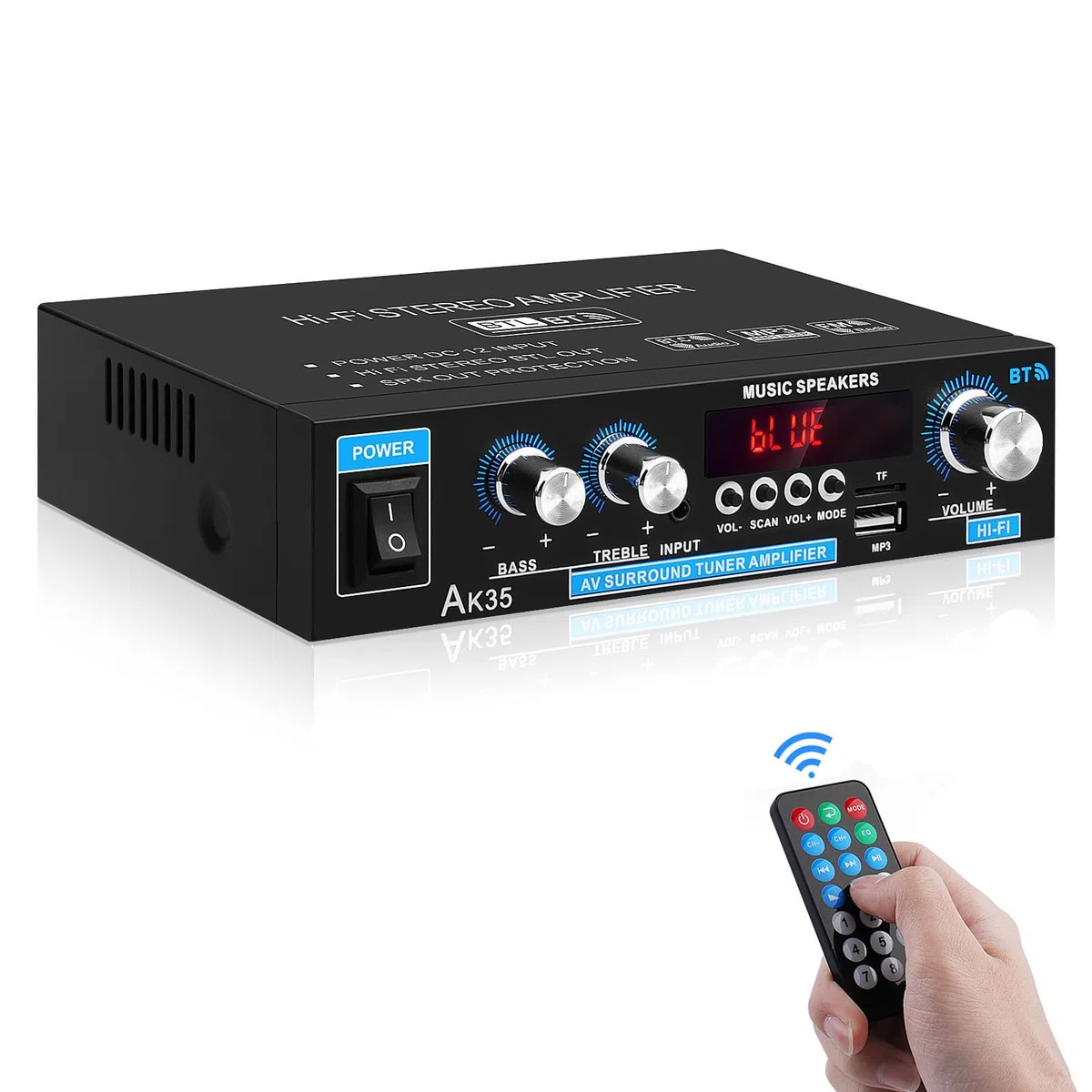 AK35 Amplificador Estéreo HiFi Bluetooth 5.0 Digital Mini Audio 300W 2.0 Canales con Bajo, Sintonizador Treble para Altavoz Home