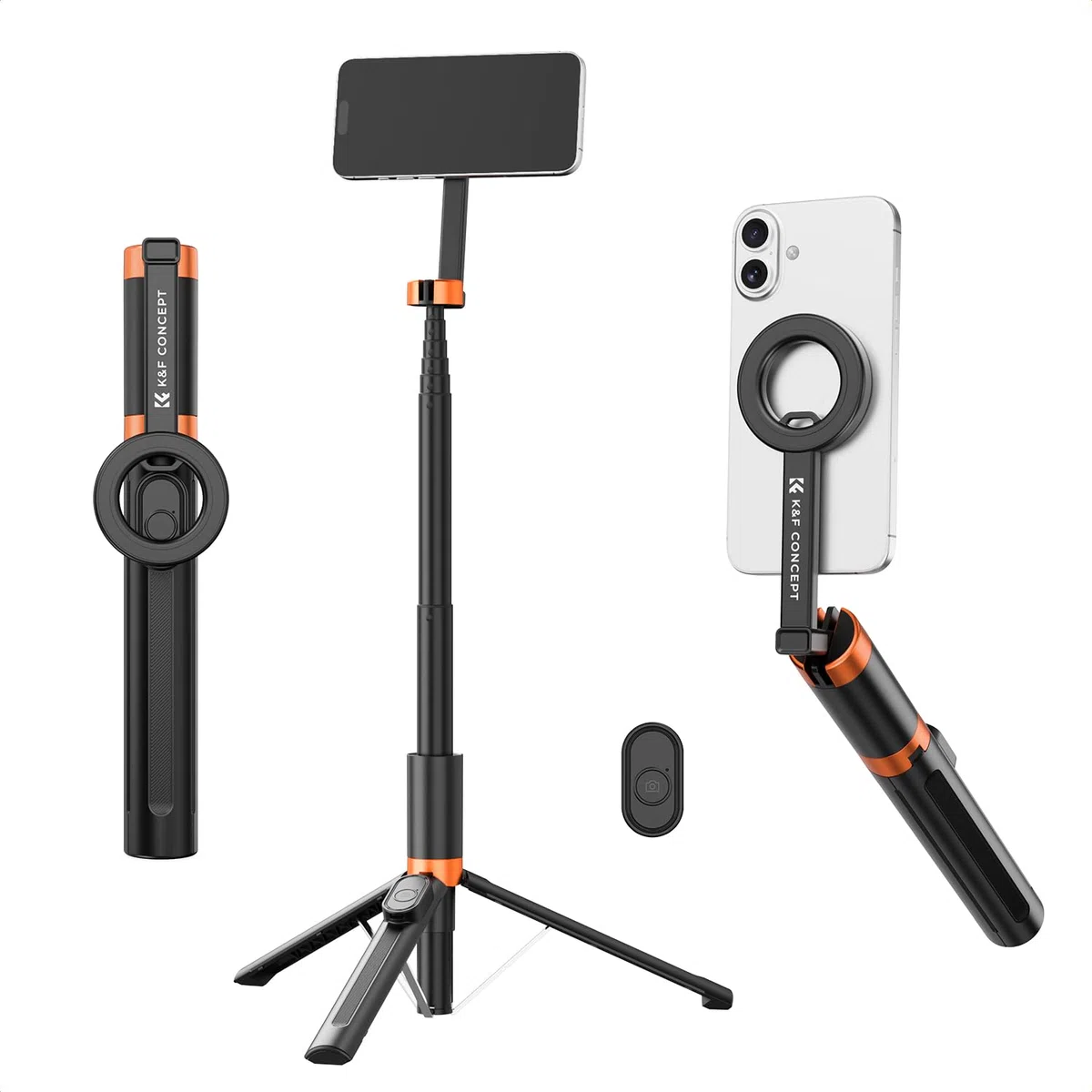 K&F CONCEPT MS-18 180cm Trípode para Movil Magnético Palo Selfie Liger, Soporte Magnético Extensible con Mando Bluetooth, Ajuste 3 Ejes, Estructura Aluminio per iPhone 17 16 15 14 Pro/MAX, Negro
